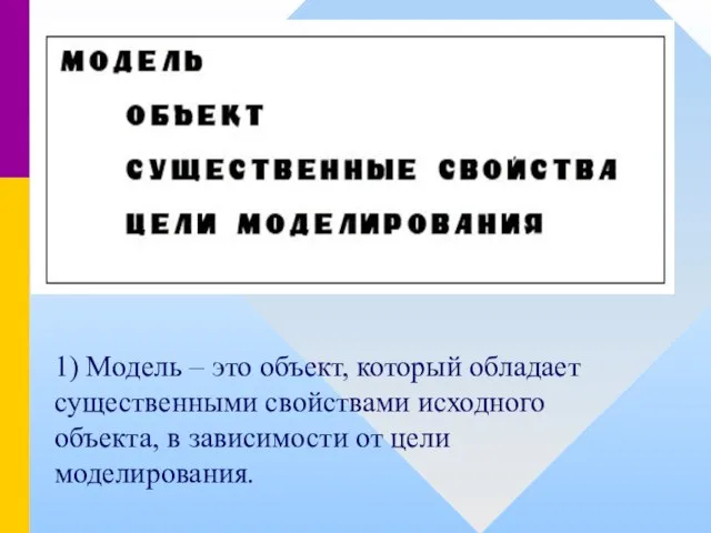 1) Модель – это объект, который обладает существенными свойствами исходного объекта, в зависимости от цели моделирования.