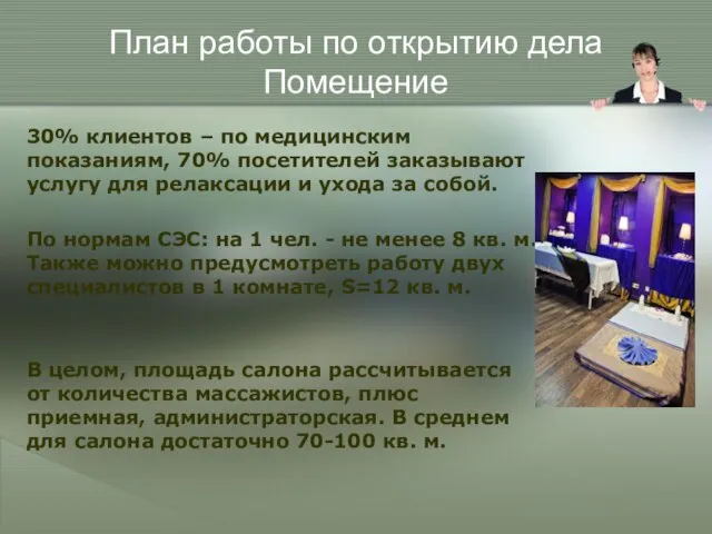 План работы по открытию дела Помещение 30% клиентов – по медицинским