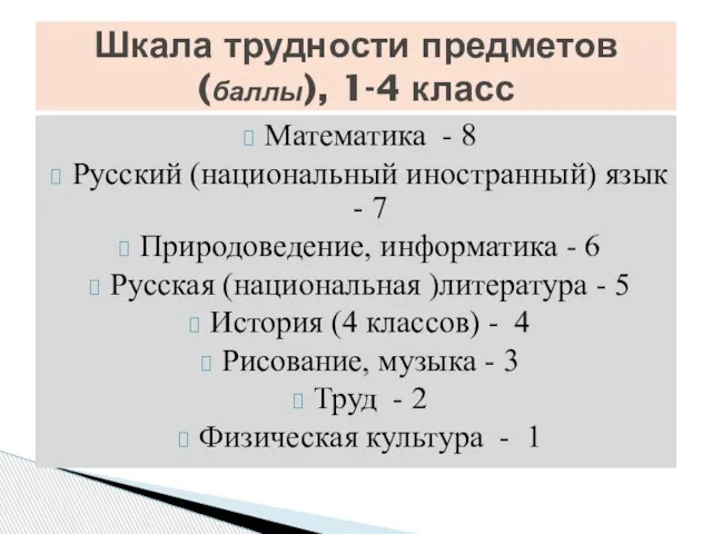 Математика - 8 Русский (национальный иностранный) язык - 7 Природоведение, информатика