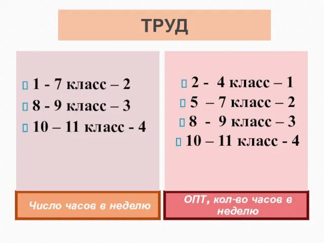 ТРУД Число часов в неделю ОПТ, кол-во часов в неделю 1