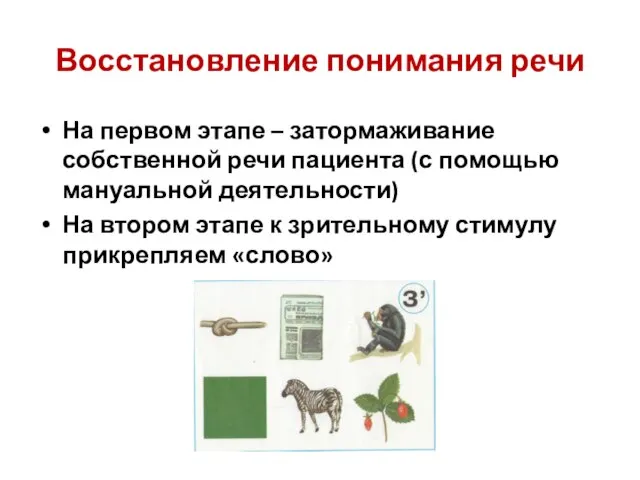 Восстановление понимания речи На первом этапе – затормаживание собственной речи пациента