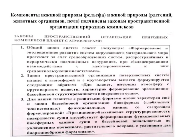 Компоненты неживой природы (рельефа) и живой природы (растений, животных организмов, почв)