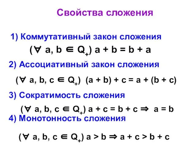 2) Ассоциативный закон сложения (∀ а, b, с ∈ Q+) (а