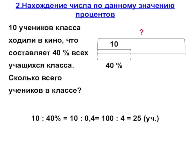 10 учеников класса ходили в кино, что составляет 40 % всех