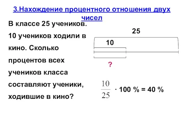 3.Нахождение процентного отношения двух чисел В классе 25 учеников. 10 учеников