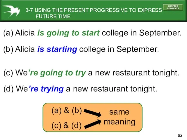 3-7 USING THE PRESENT PROGRESSIVE TO EXPRESS FUTURE TIME (a) Alicia