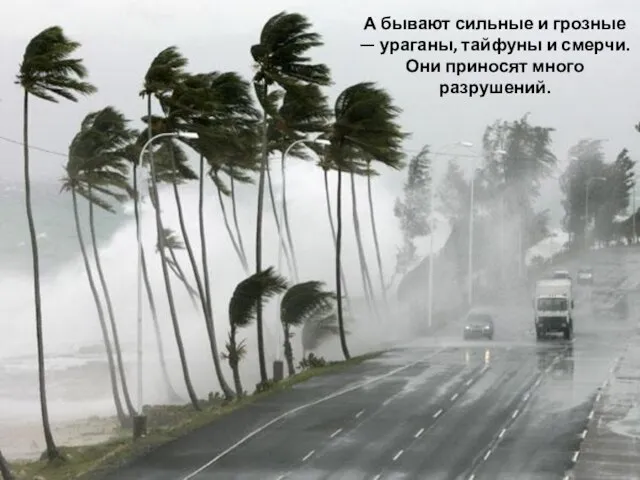 А бывают сильные и грозные — ураганы, тайфуны и смерчи. Они приносят много разрушений.