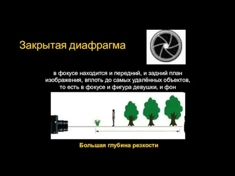 Закрытая диафрагма в фокусе находится и передний, и задний план изображения,