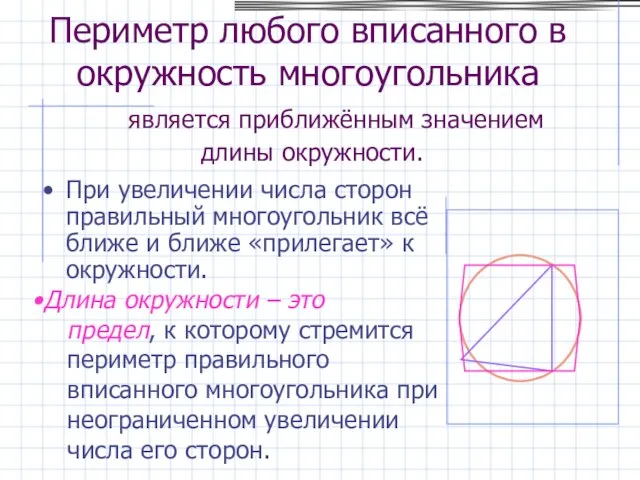 Периметр любого вписанного в окружность многоугольника является приближённым значением длины окружности.