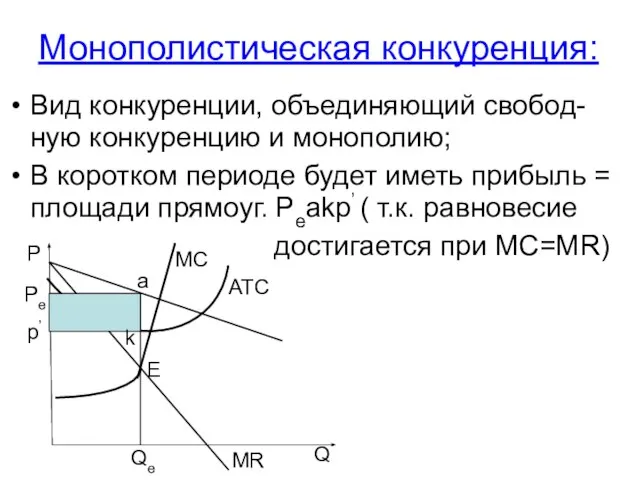 Монополистическая конкуренция: Вид конкуренции, объединяющий свобод-ную конкуренцию и монополию; В коротком