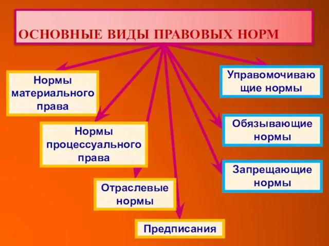 ОСНОВНЫЕ ВИДЫ ПРАВОВЫХ НОРМ Нормы материального права Нормы процессуального права Отраслевые