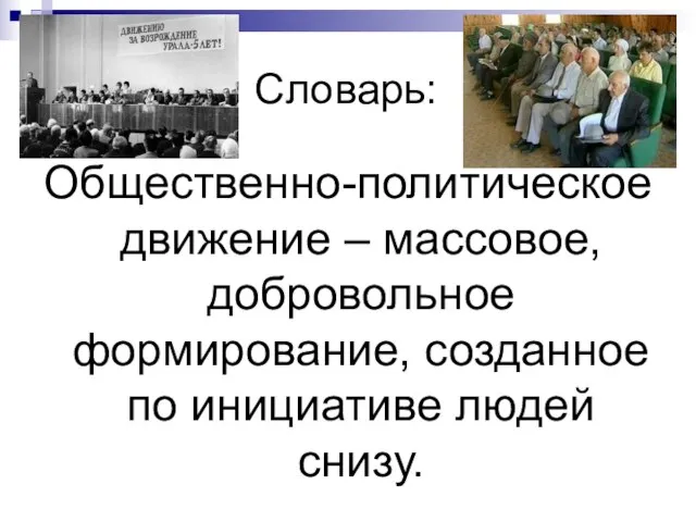 Словарь: Общественно-политическое движение – массовое, добровольное формирование, созданное по инициативе людей снизу.