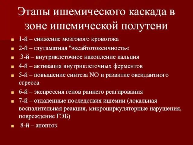 Этапы ишемического каскада в зоне ишемической полутени 1-й – снижение мозгового