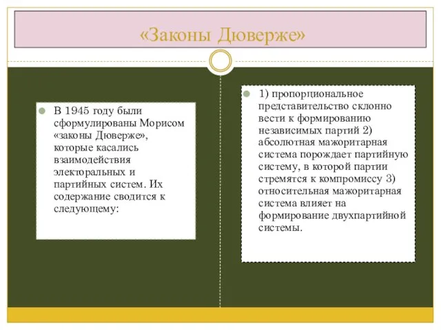 «Законы Дюверже» В 1945 году были сформулированы Морисом «законы Дюверже», которые