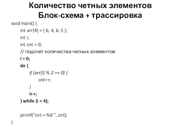 Количество четных элементов Блок-схема + трассировка void main() { int arr[4]