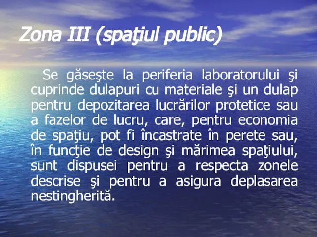 Zona III (spaţiul public) Se găseşte la periferia laboratorului şi cuprinde