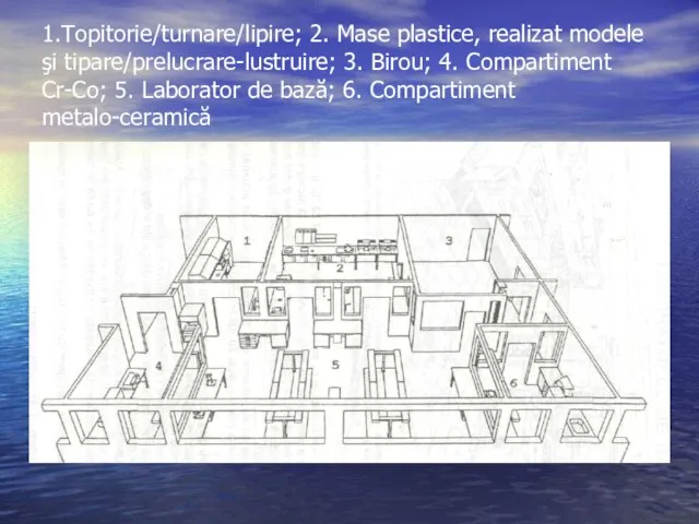 1.Topitorie/turnare/lipire; 2. Mase plastice, realizat modele şi tipare/prelucrare-lustruire; 3. Birou; 4.