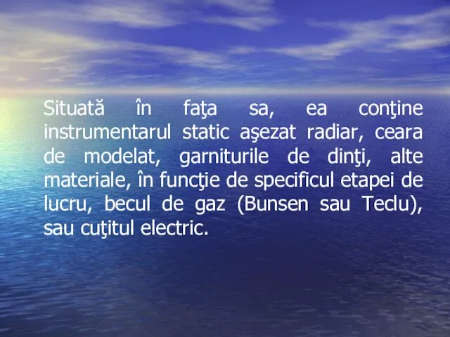 Situată în faţa sa, ea conţine instrumentarul static aşezat radiar, ceara