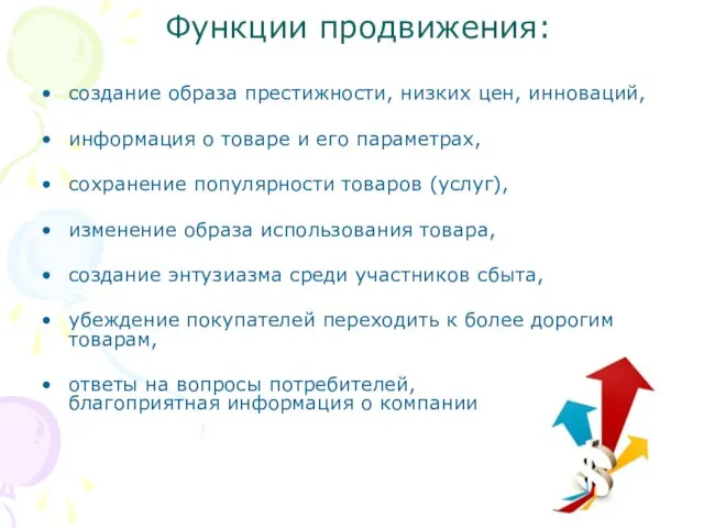 Функции продвижения: создание образа престижности, низких цен, инноваций, информация о товаре