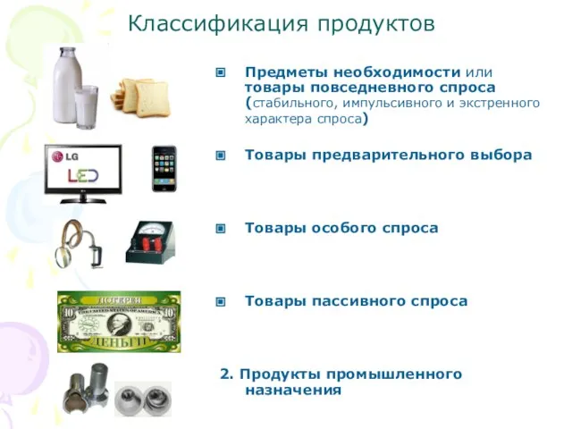 Классификация продуктов Предметы необходимости или товары повседневного спроса (стабильного, импульсивного и