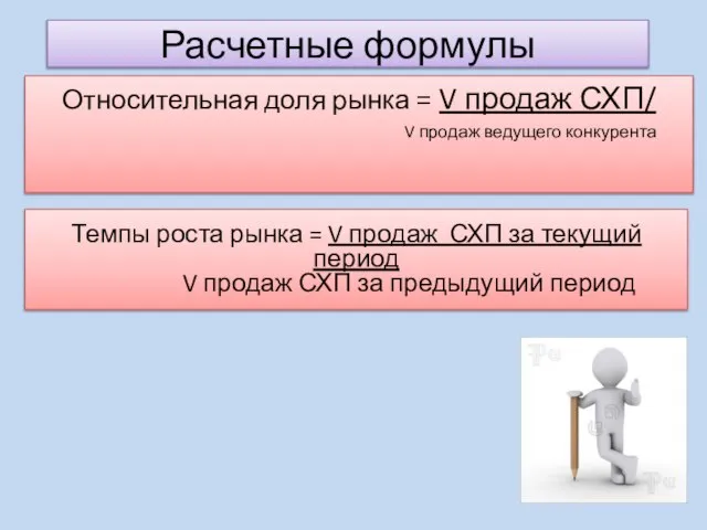 Расчетные формулы Относительная доля рынка = V продаж СХП/ V продаж