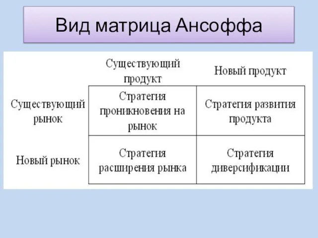 Вид матрица Ансоффа