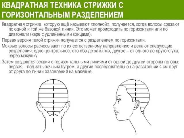 КВАДРАТНАЯ ТЕХНИКА СТРИЖКИ С ГОРИЗОНТАЛЬНЫМ РАЗДЕЛЕНИЕМ Квадратная стрижка, которую ещё называют