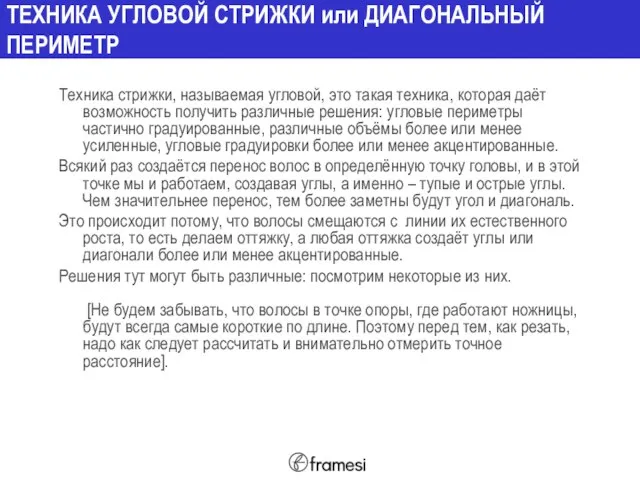 ТЕХНИКА УГЛОВОЙ СТРИЖКИ или ДИАГОНАЛЬНЫЙ ПЕРИМЕТР Техника стрижки, называемая угловой, это