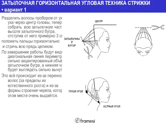 ЗАТЫЛОЧНАЯ ГОРИЗОНТАЛЬНАЯ УГЛОВАЯ ТЕХНИКА СТРИЖКИ • вариант 1 Разделить волосы пробором