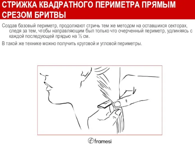 СТРИЖКА КВАДРАТНОГО ПЕРИМЕТРА ПРЯМЫМ СРЕЗОМ БРИТВЫ Создав базовый периметр, продолжают стричь