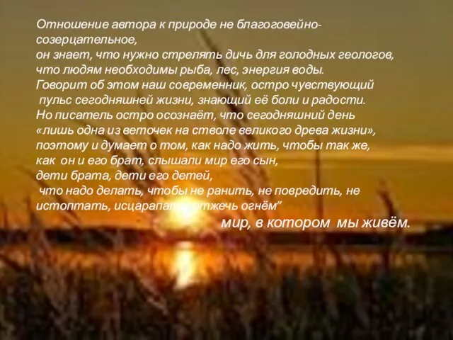 Отношение автора к природе не благоговейно-созерцательное, он знает, что нужно стрелять