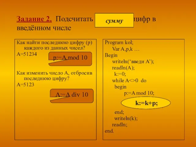 Задание 2. Подсчитать количество цифр в введённом числе Program kol; Var