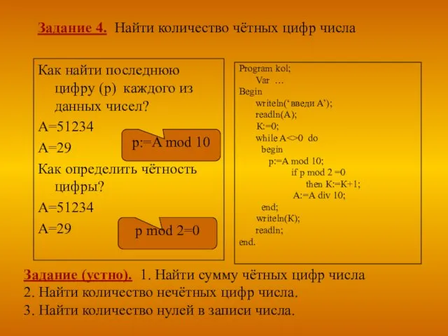 Задание 4. Найти количество чётных цифр числа Program kol; Var …