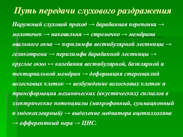 Путь передачи слухового раздражения Наружный слуховой проход → барабанная перепонка →