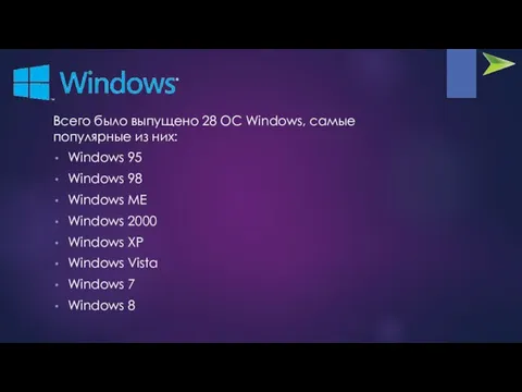 Всего было выпущено 28 ОС Windows, самые популярные из них: Windows