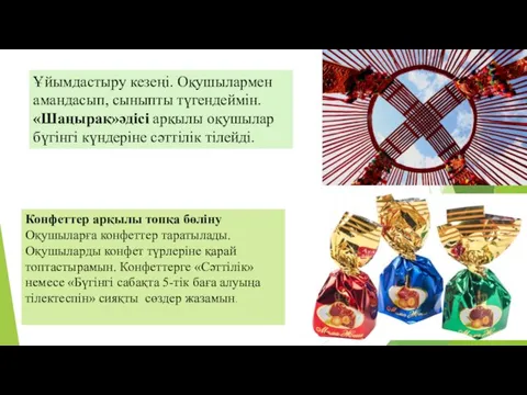 Ұйымдастыру кезеңі. Оқушылармен амандасып, сыныпты түгендеймін. «Шаңырақ»әдісі арқылы оқушылар бүгінгі күндеріне