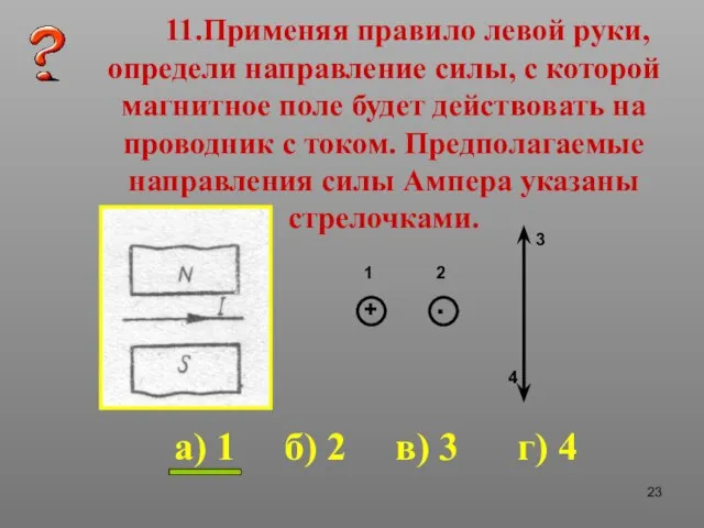 11.Применяя правило левой руки, определи направление силы, с которой магнитное поле