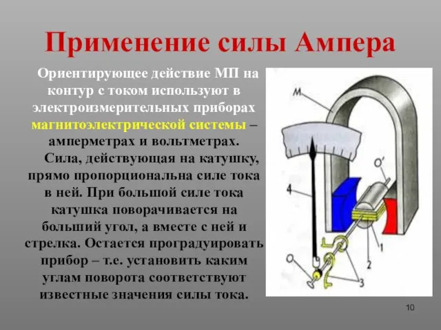 Применение силы Ампера Ориентирующее действие МП на контур с током используют