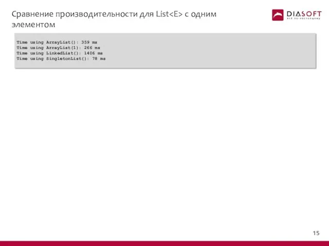 Сравнение производительности для List с одним элементом Time using ArrayList(): 359