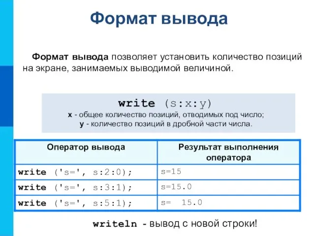 Формат вывода Формат вывода позволяет установить количество позиций на экране, занимаемых