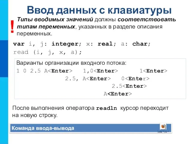 Ввод данных с клавиатуры Команда ввода-вывода var i, j: integer; x: