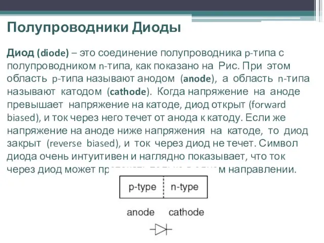 Полупроводники Диоды Диод (diode) – это соединение полупроводника p-типа с полупроводником