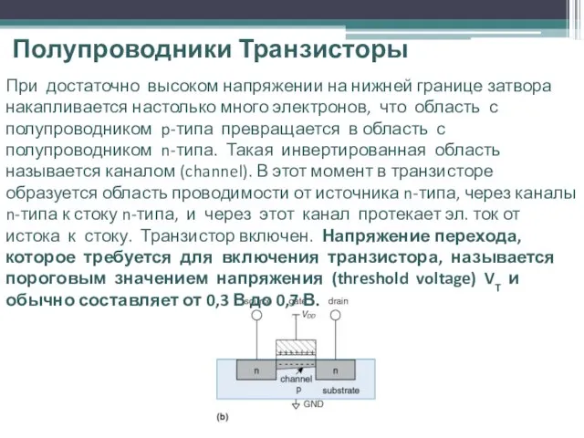 Полупроводники Транзисторы При достаточно высоком напряжении на нижней границе затвора накапливается