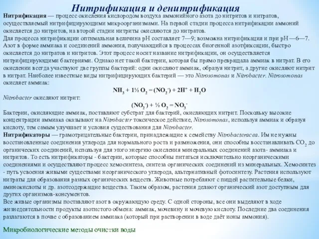 Микробиологические методы очистки воды Микробиологические методы очистки воды Нитрификация и денитрификация