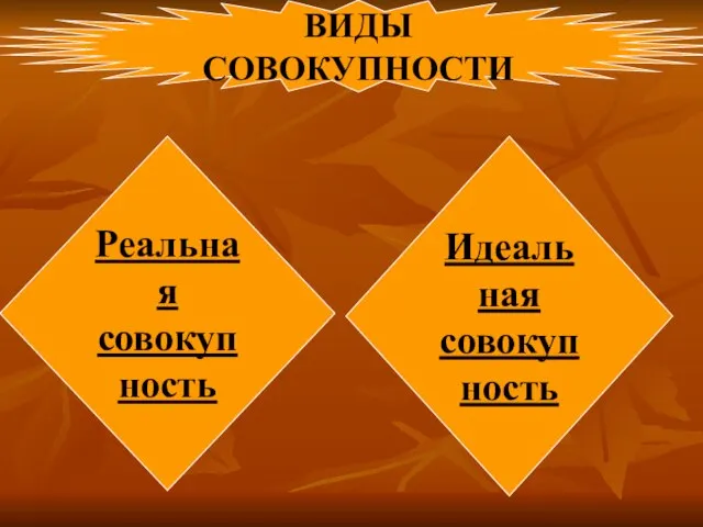 ВИДЫ СОВОКУПНОСТИ Реальная совокупность Идеальная совокупность