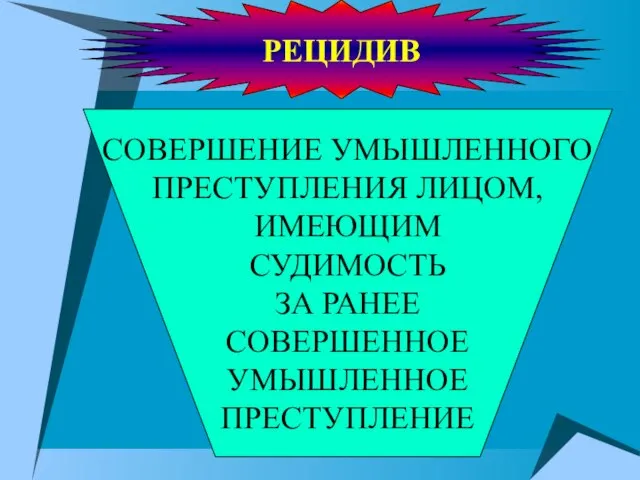 РЕЦИДИВ СОВЕРШЕНИЕ УМЫШЛЕННОГО ПРЕСТУПЛЕНИЯ ЛИЦОМ, ИМЕЮЩИМ СУДИМОСТЬ ЗА РАНЕЕ СОВЕРШЕННОЕ УМЫШЛЕННОЕ ПРЕСТУПЛЕНИЕ