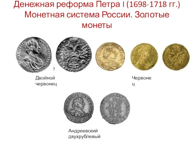 Денежная реформа Петра I (1698-1718 гг.) Монетная система России. Золотые монеты Андреевский двухрублевый Двойной червонец Червонец