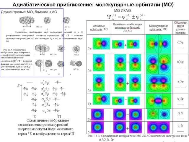 Адиабатическое приближение: молекулярные орбитали (МО) Двуцентровые МО, близкие к АО МО ЛКАО