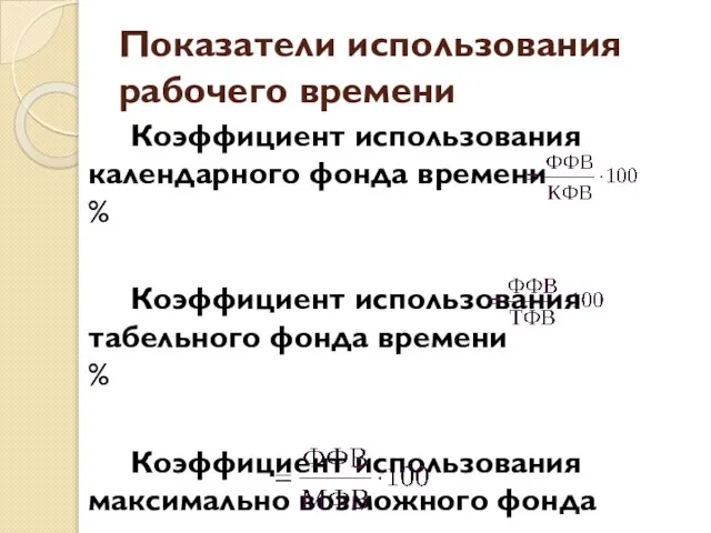 Показатели использования рабочего времени Коэффициент использования календарного фонда времени % Коэффициент