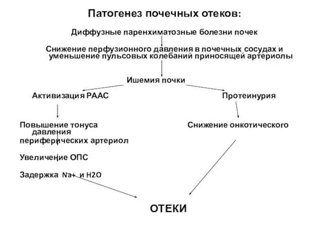 Патогенез почечных отеков: Диффузные паренхиматозные болезни почек Снижение перфузионного давления в